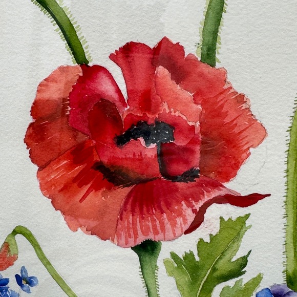 Large Original Poppy Floral Watercolor Painting 23x26 - Picture 3 of 10